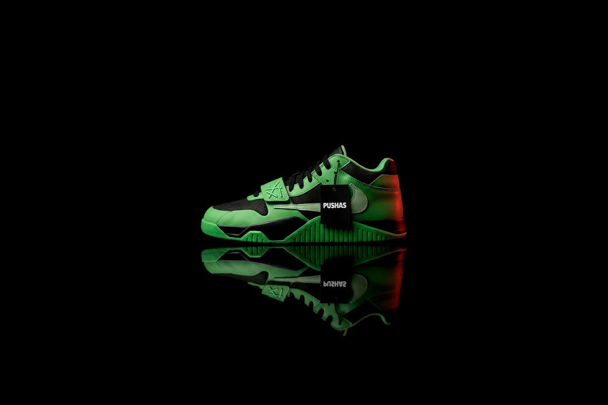 Travis Scott x Jordan CJ1 T-Rexx 'Green Spark' photographed by PUSHAS