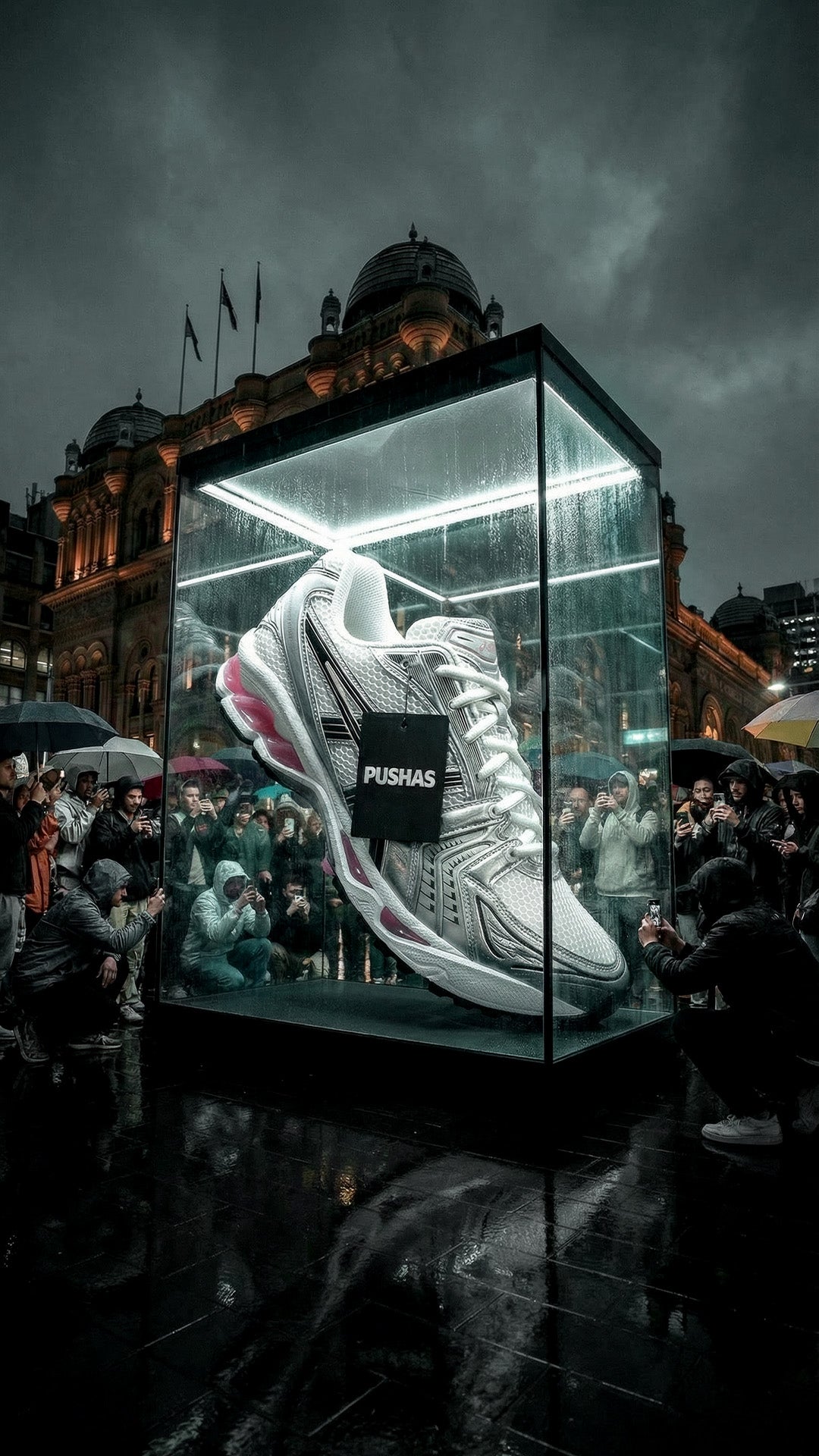 ASICS Gel-Kayano 14 'Cream Sweet Pink' in a glass display case